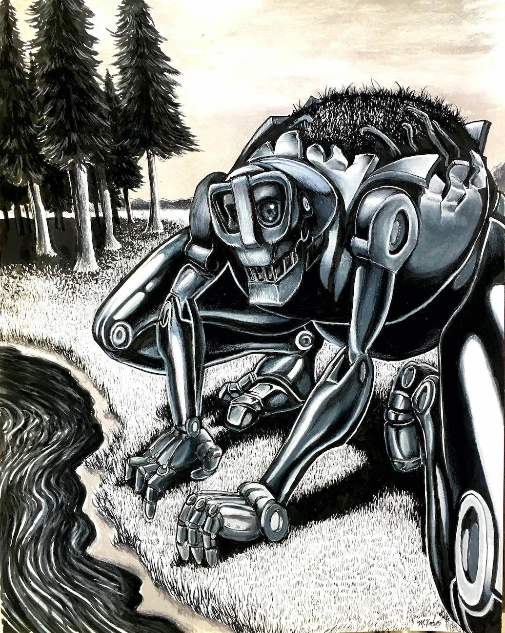 River Critter - 9" x 12" ink & prismacolor