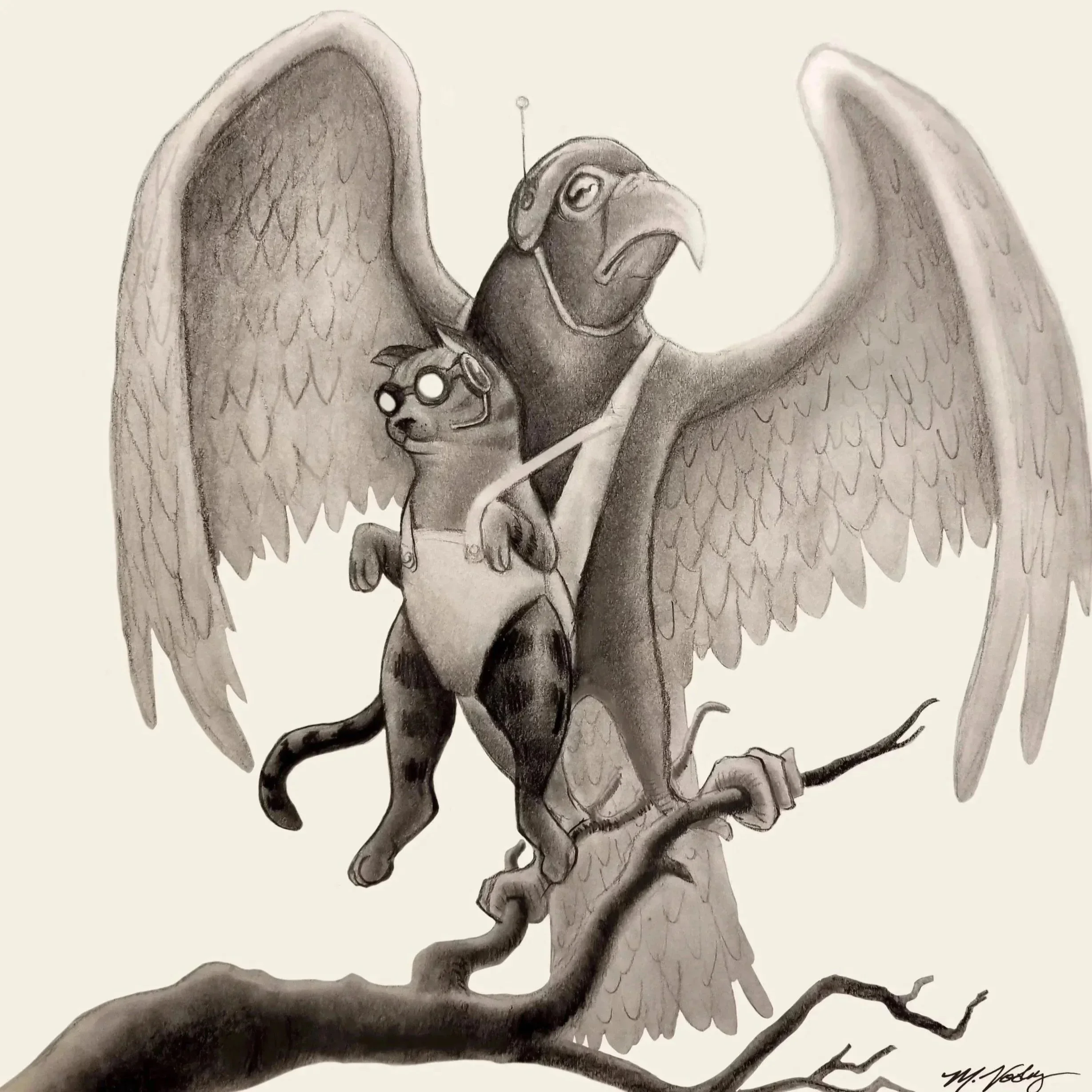 A detailed pencil drawing of a bird with large wings, perched on a branch, wearing glasses, and with a serious expression.