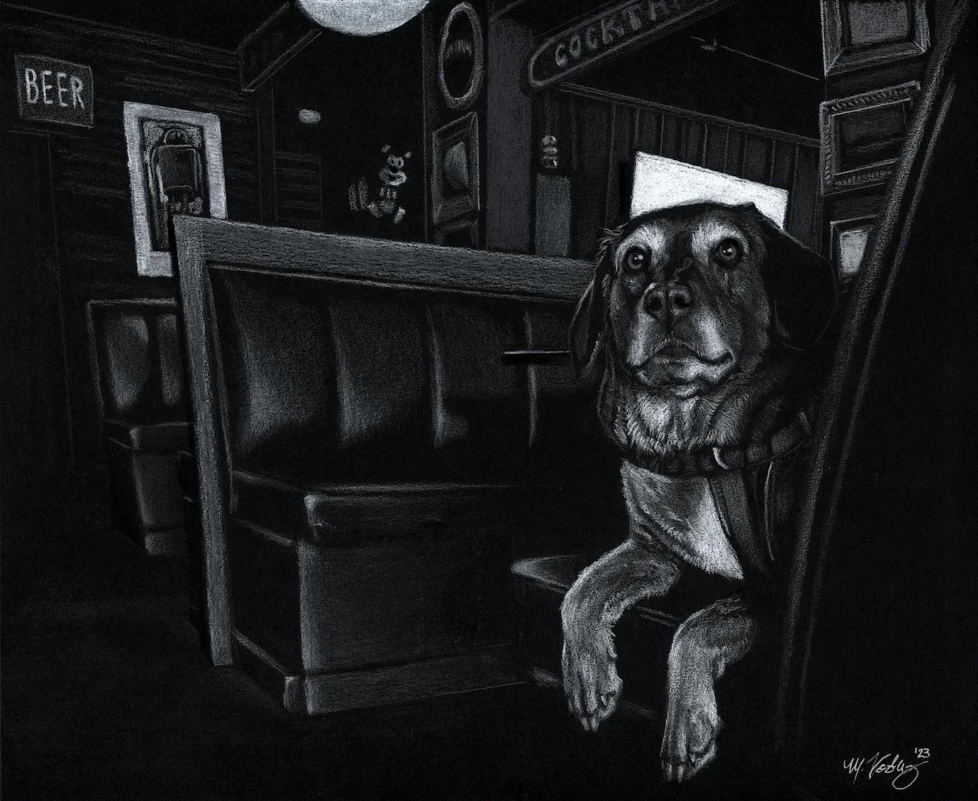 Happy Hour Chloe - 9" x 12" white prismacolor on vellum