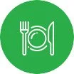 Icon of a fork, knife, and plate on a green circular background.