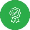 Green circular icon with a white award or badge featuring a ribbon and checkmark