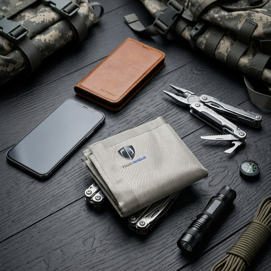 Portable emergency Faraday blanket and signal-shielding survival gear for travel and tactical EMP protection on the go.