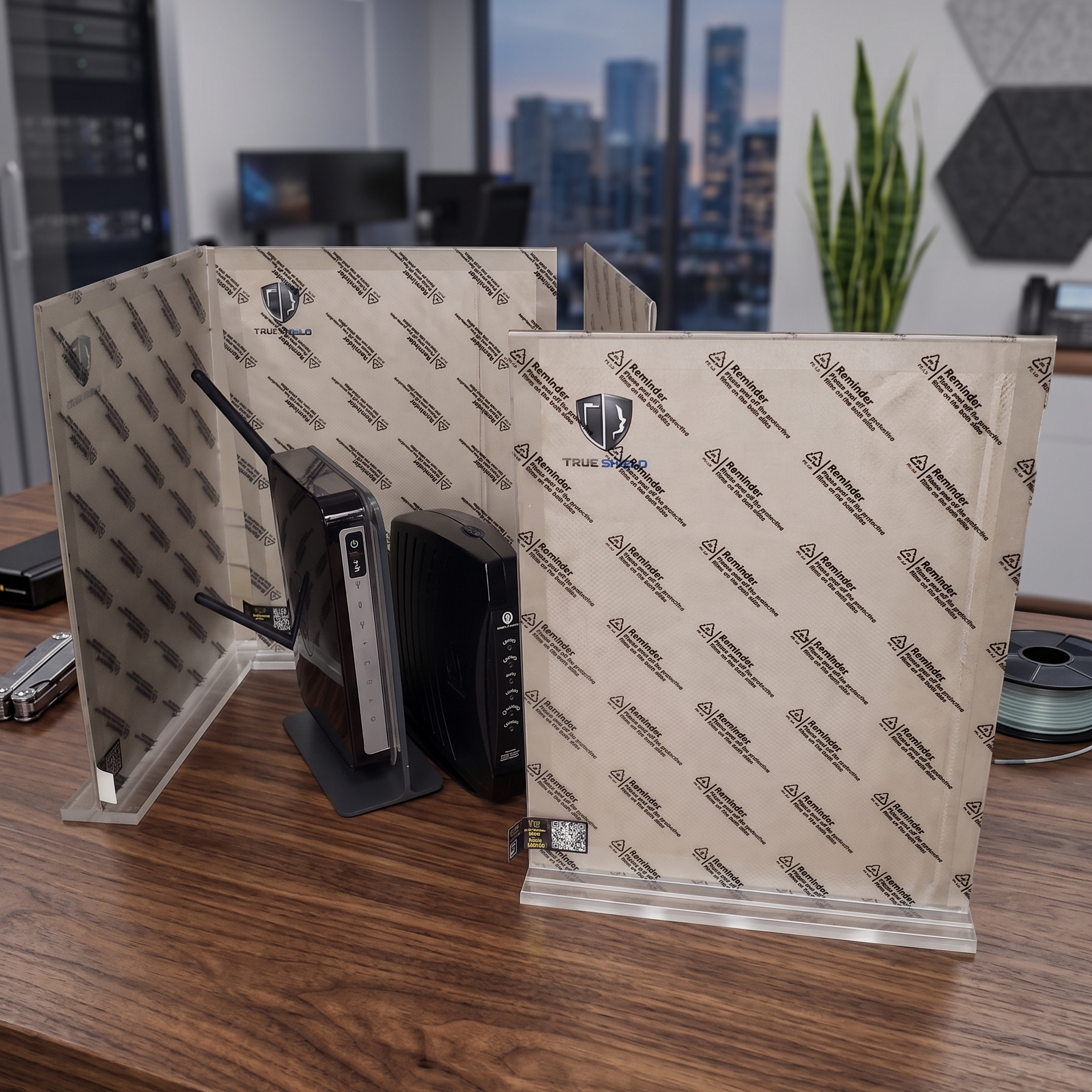 Faraday cage enclosure shielding home office Wi-Fi router and modem from RF, EMF, microwave, and wireless frequency radiation exposure.