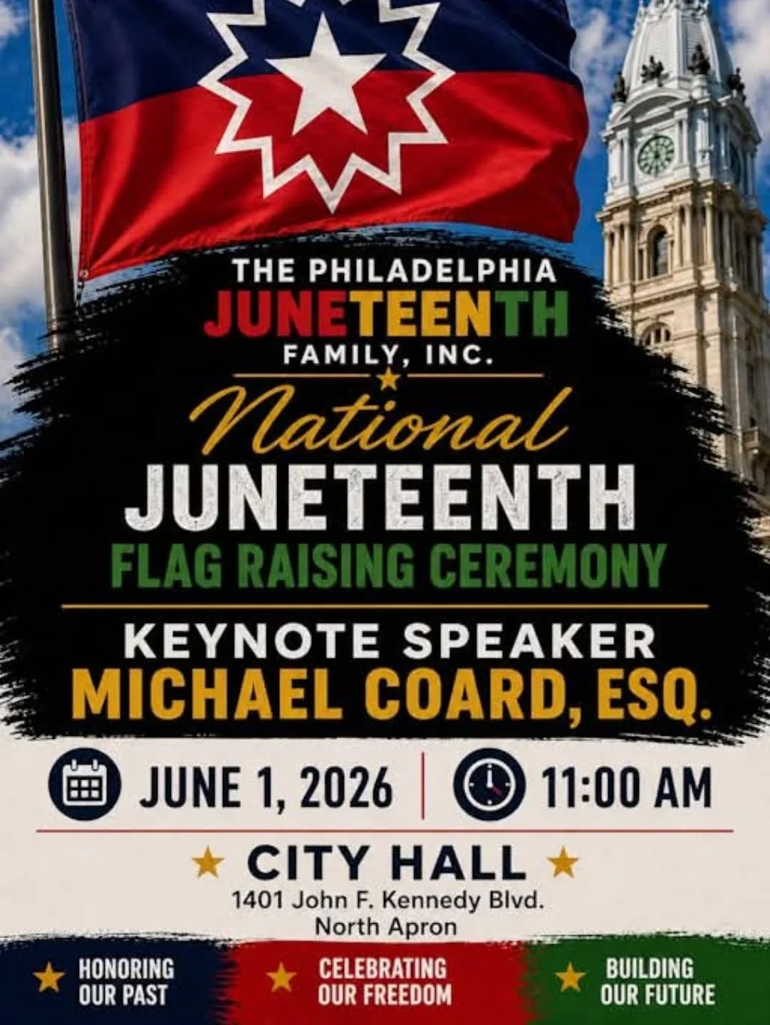 Michael Coard, head of Avenging the Ancestors Coalition (ATAC) will be keynote speaker at the Juneteenth Flag Raising Ceremony on Monday, June 1st at 11am!