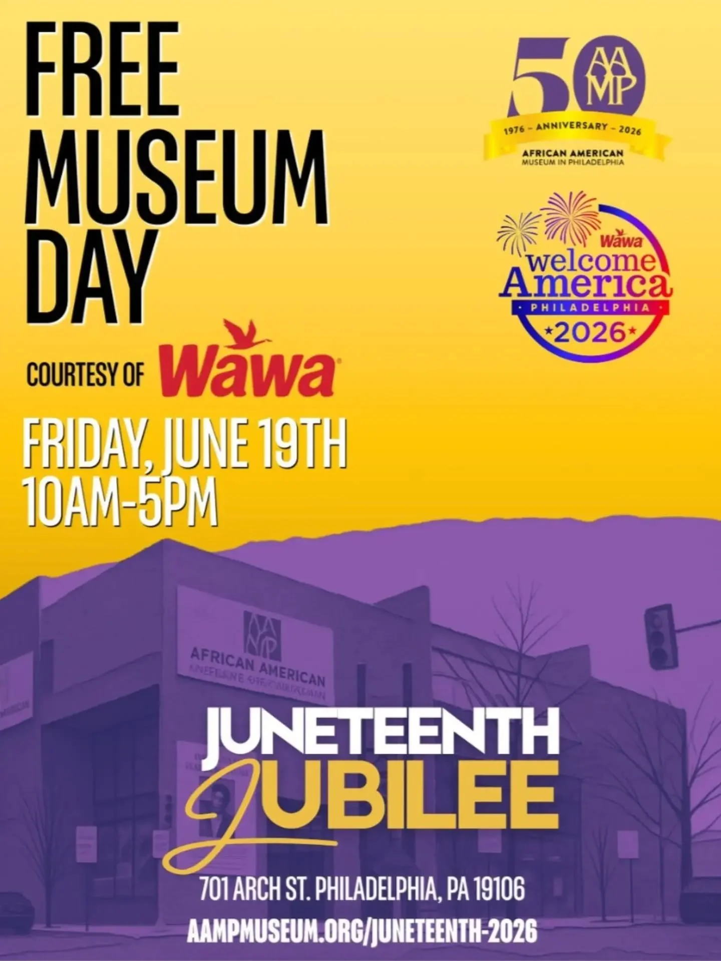 Juneteenth is a FREE museum day at AAMP thanks to Wawa! 

Admission to the museum is free from 10 a.m. to 5 p.m. on a first-come, first-served basis in accordance with gallery capacity. Guests will have access to &ldquo;Audacious Freedom: African Ame