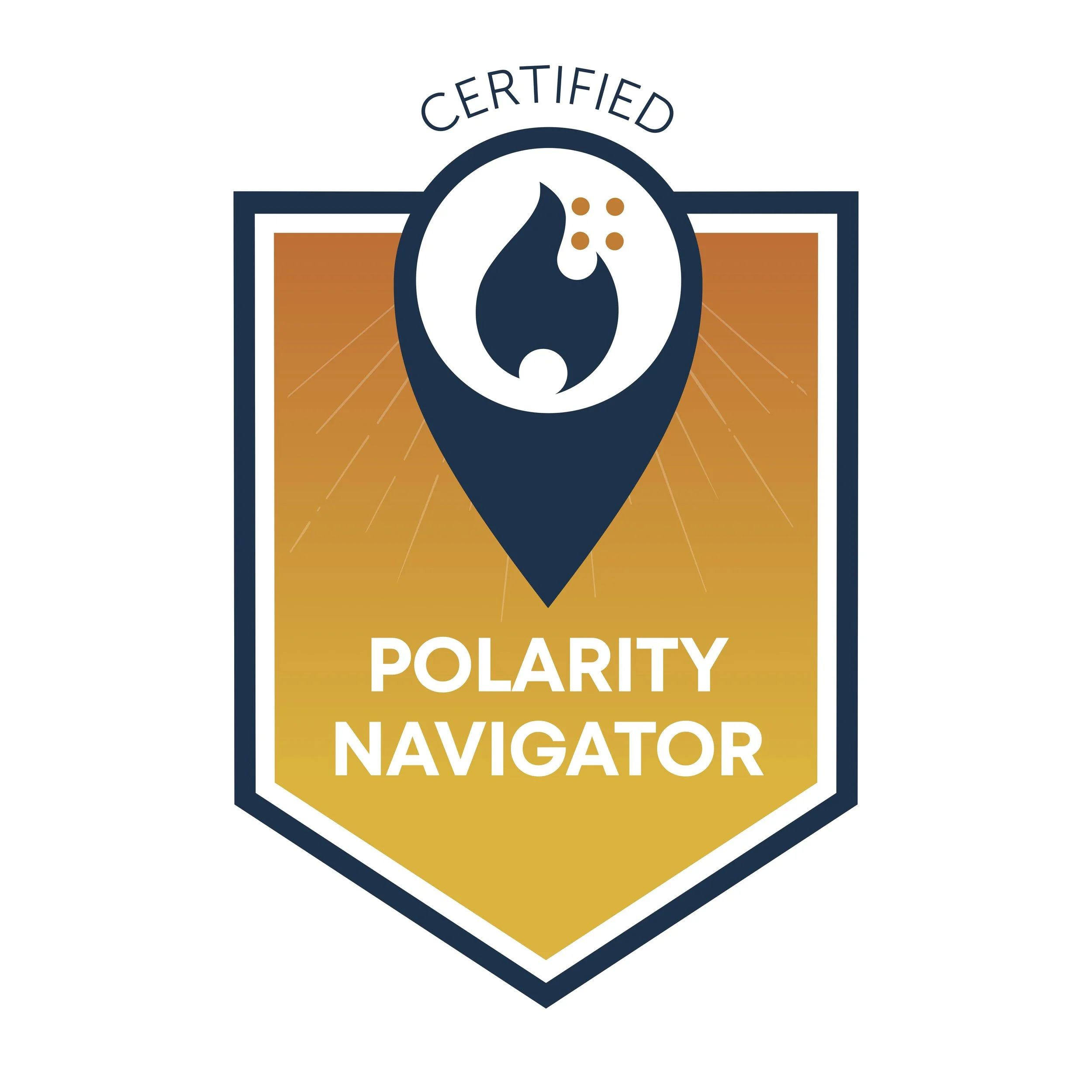A badge with a dark blue outline, featuring a sunset orange background with radiating lines, a location pin icon with a flame and three dots inside, and the text 'CERTIFIED POLARITY NAVIGATOR'.