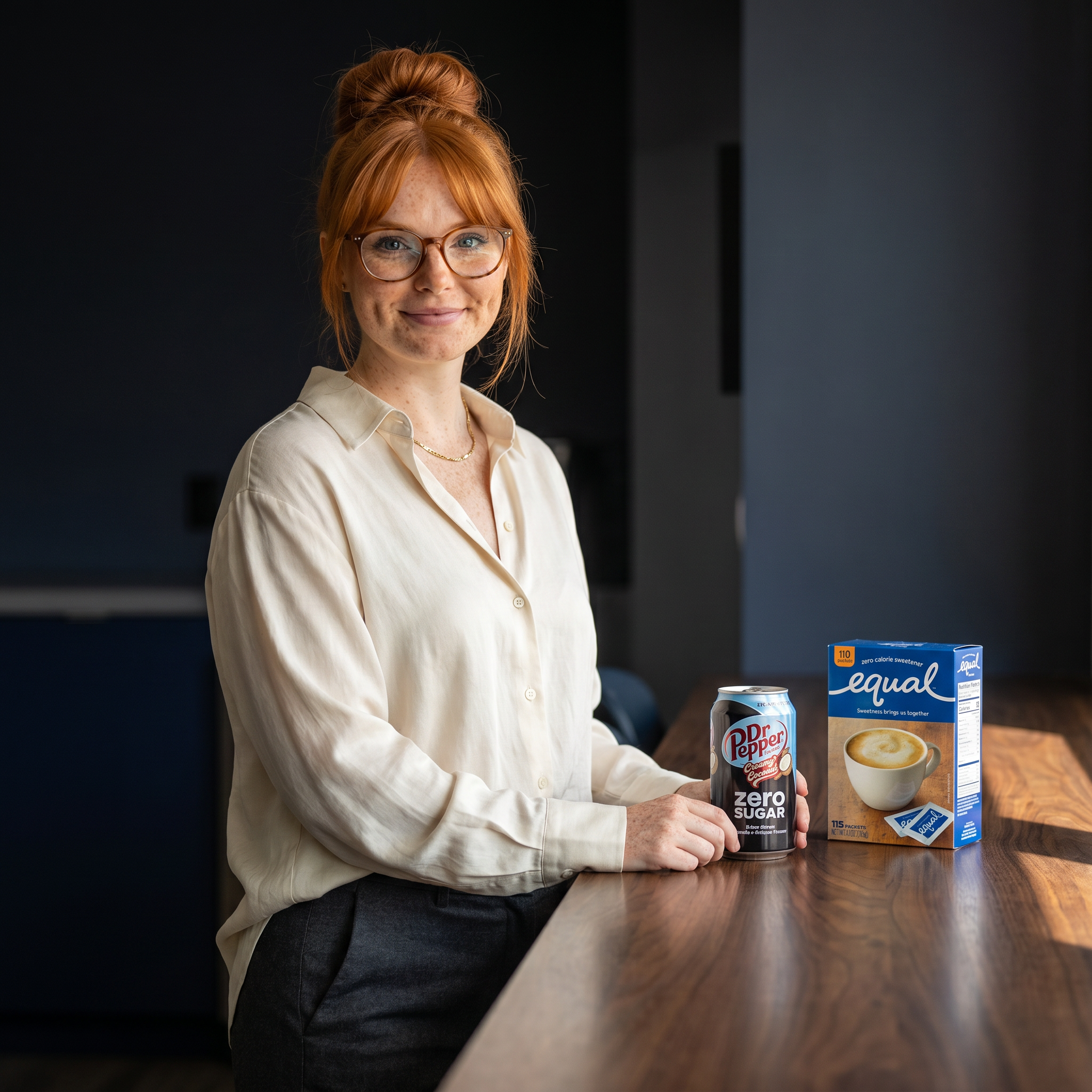 Stephanie Clarke at the counter with a zero-sugar soda and a sweetener box, calm and considering, not alarmed.