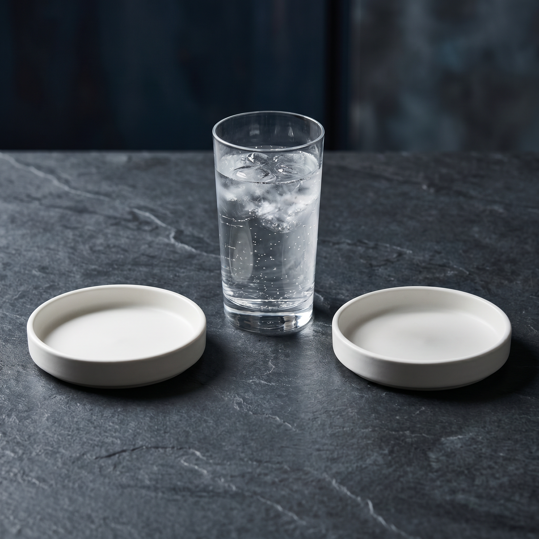 A tall glass of iced water flanked by two simple dishes on a dark slate counter, water-first and calm.