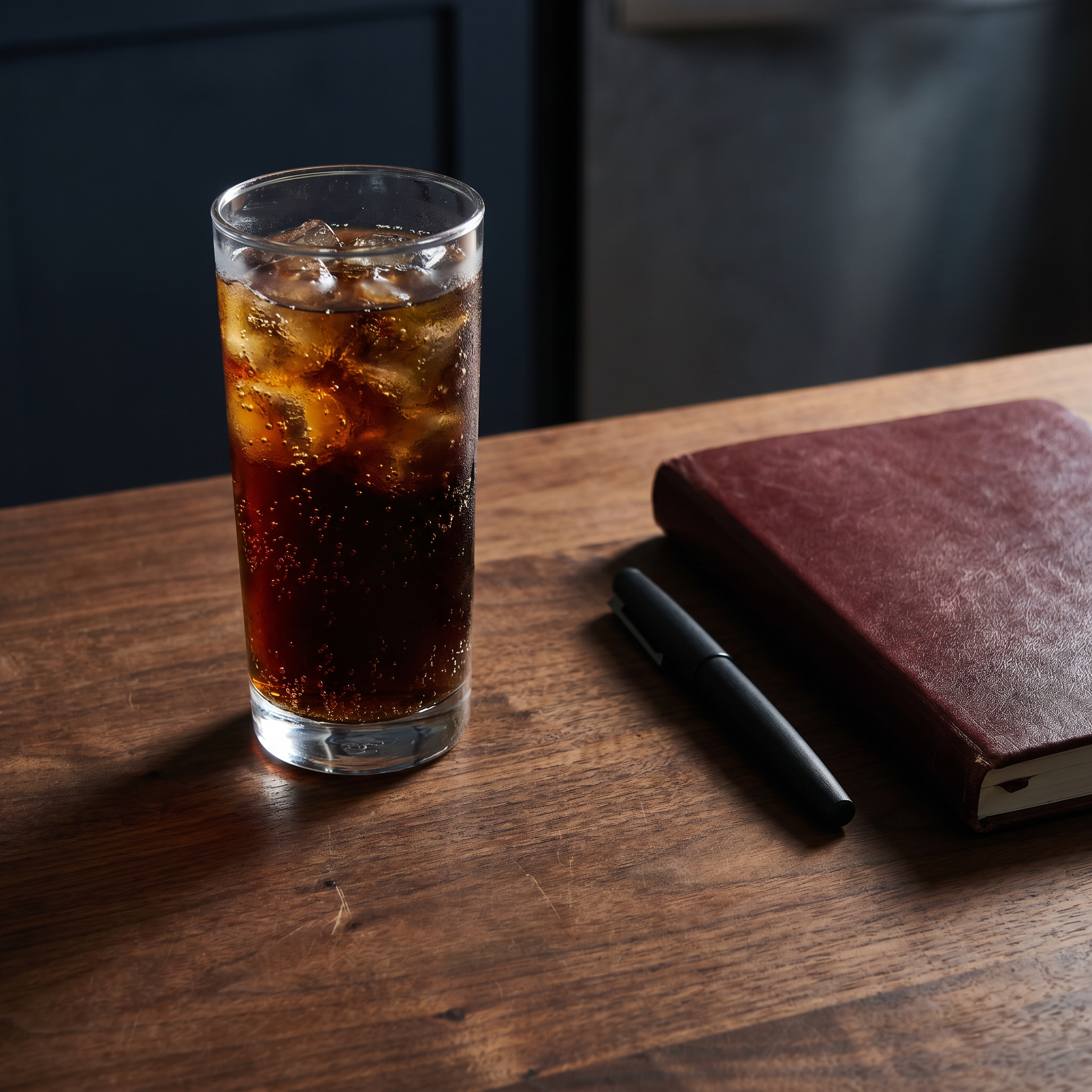 A glass of cola beside a journal and pen on a warm wood table, reading the evidence calmly.