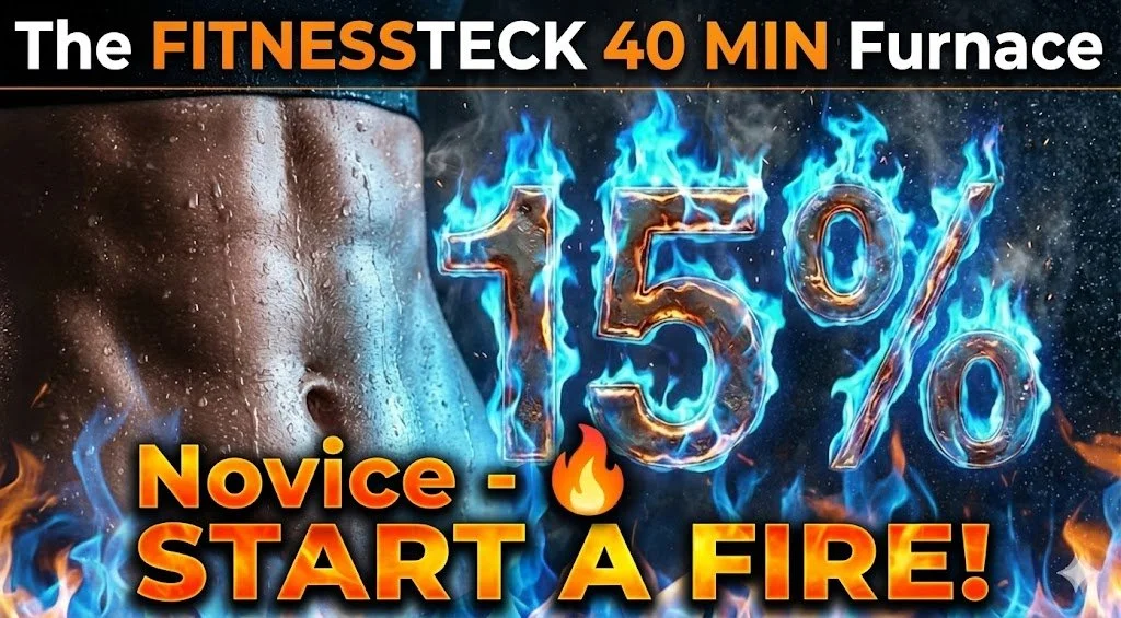 A promotional fitness advertisement featuring a muscular male torso with water droplets, set against a background of flames and sparks. The image highlights a 15% discount for a 40-minute furnace workout, encouraging beginners to start a fire with fiery and bold text.