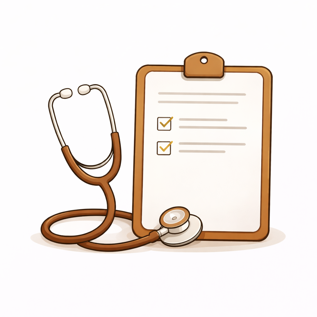 Illustratie van een stethoscoop en een medisch formulier op een clipboard.