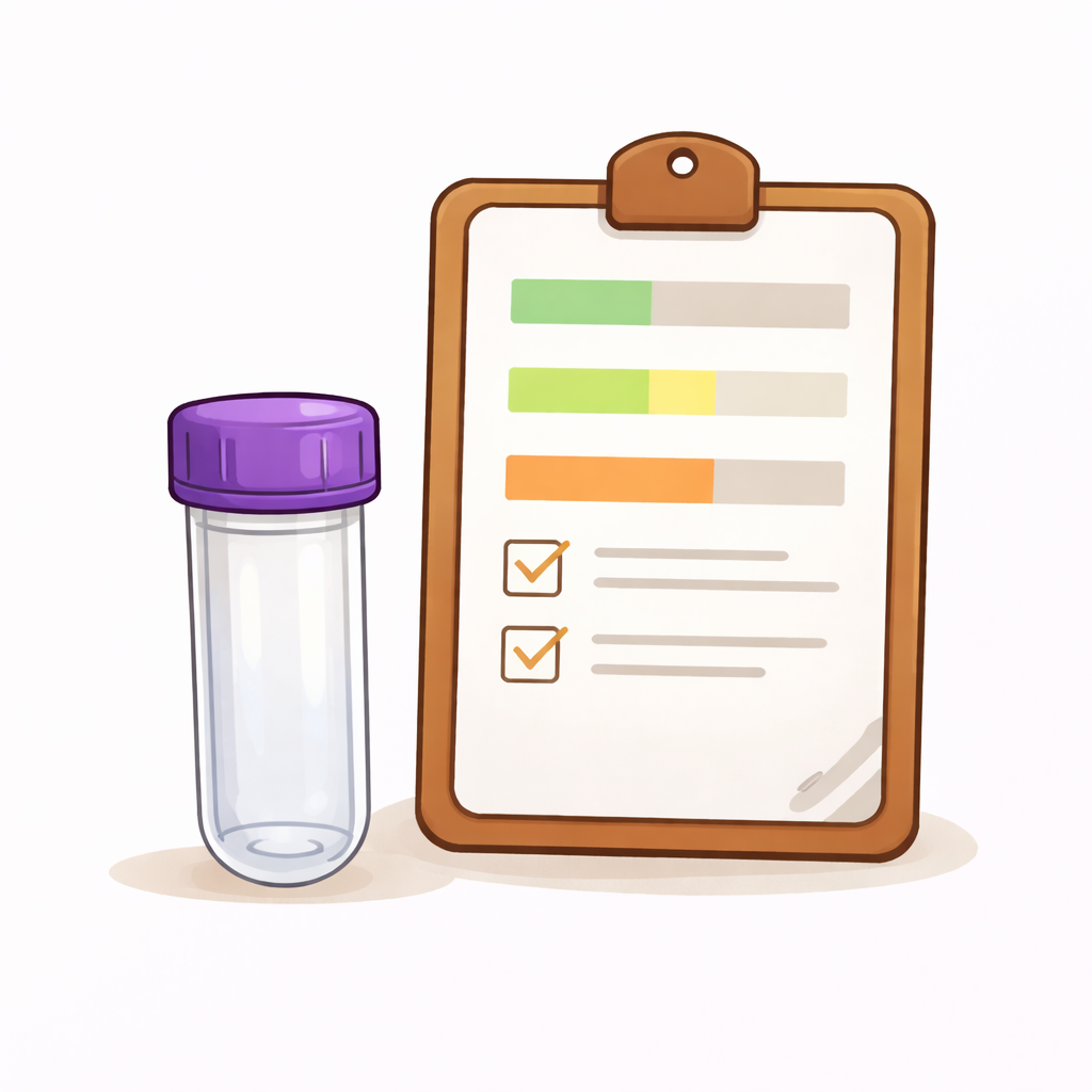 Illustratie van een medicijnflesje met een paar medische formulieren en grafieken op een clipboard.