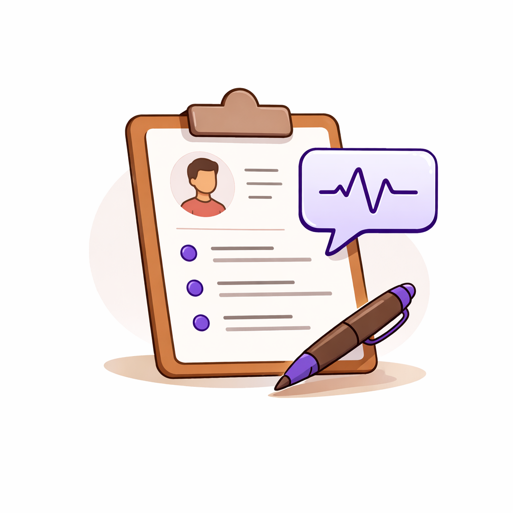 Illustratie van een medisch dossier met een persoon, een pen, en een spraakballon met een hartslaglijn, symboliseert medische communicatie of gezondheidscontrole.