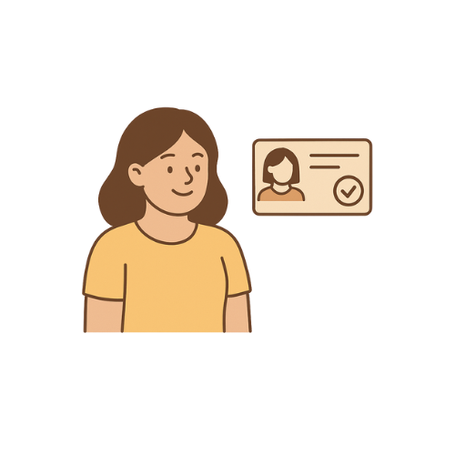 Vrouw met rijbewijs of identificatiekaart naast haar.