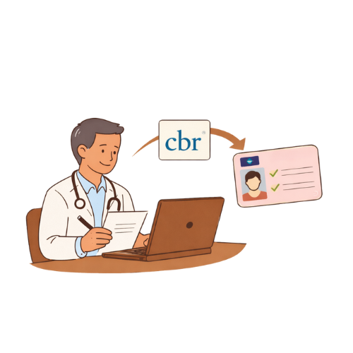 Vrouw met rijbewijs of identificatiekaart naast haar.