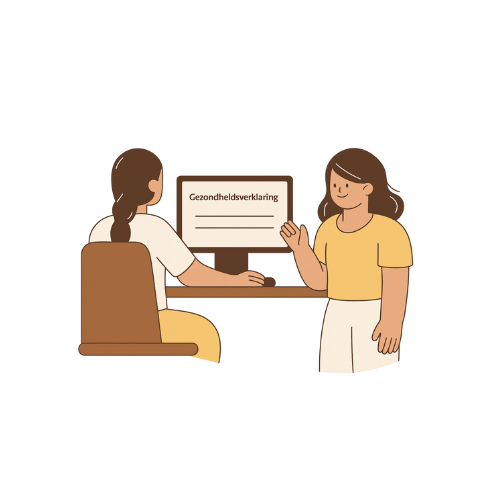 Twee vrouwen, één zit achter een computer met een gezondheidsverklaring op het scherm, de andere staat naast de computer en wijst naar het scherm.