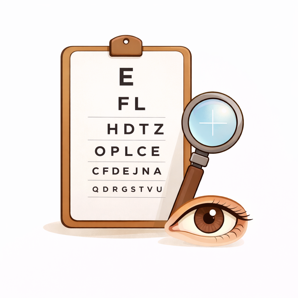 Illustratie van een oog, een loep, een oogonderzoeksklijst en een oogkaart met letters.