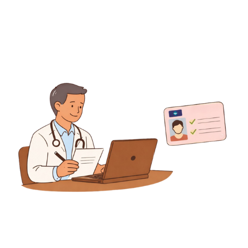 Vrouw met rijbewijs of identificatiekaart naast haar.