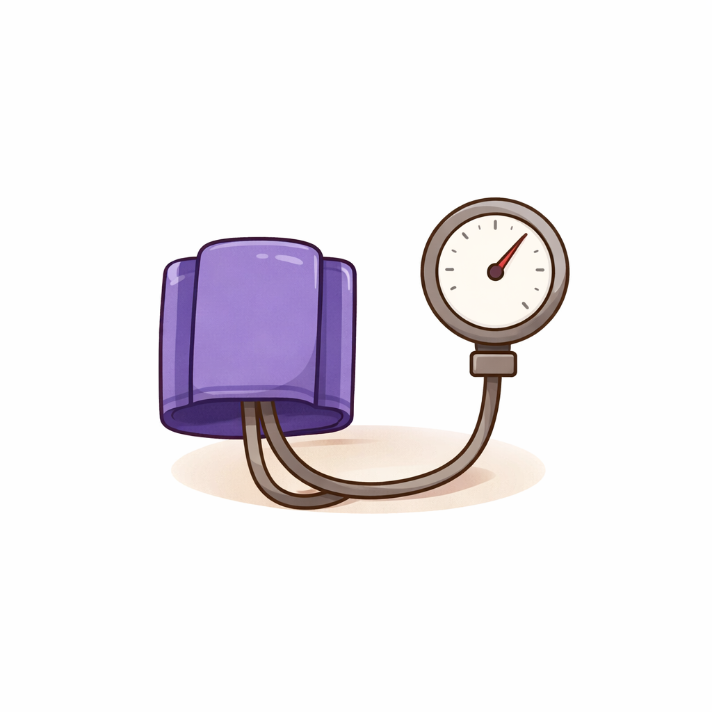 Illustratie van een bloeddrukmeter met een blauw manchet en een wijzer op de meter die ongeveer 120 aangeeft.