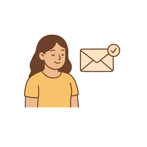 Een vrouwenfiguur met een envelop met vinkje rechts ervan.