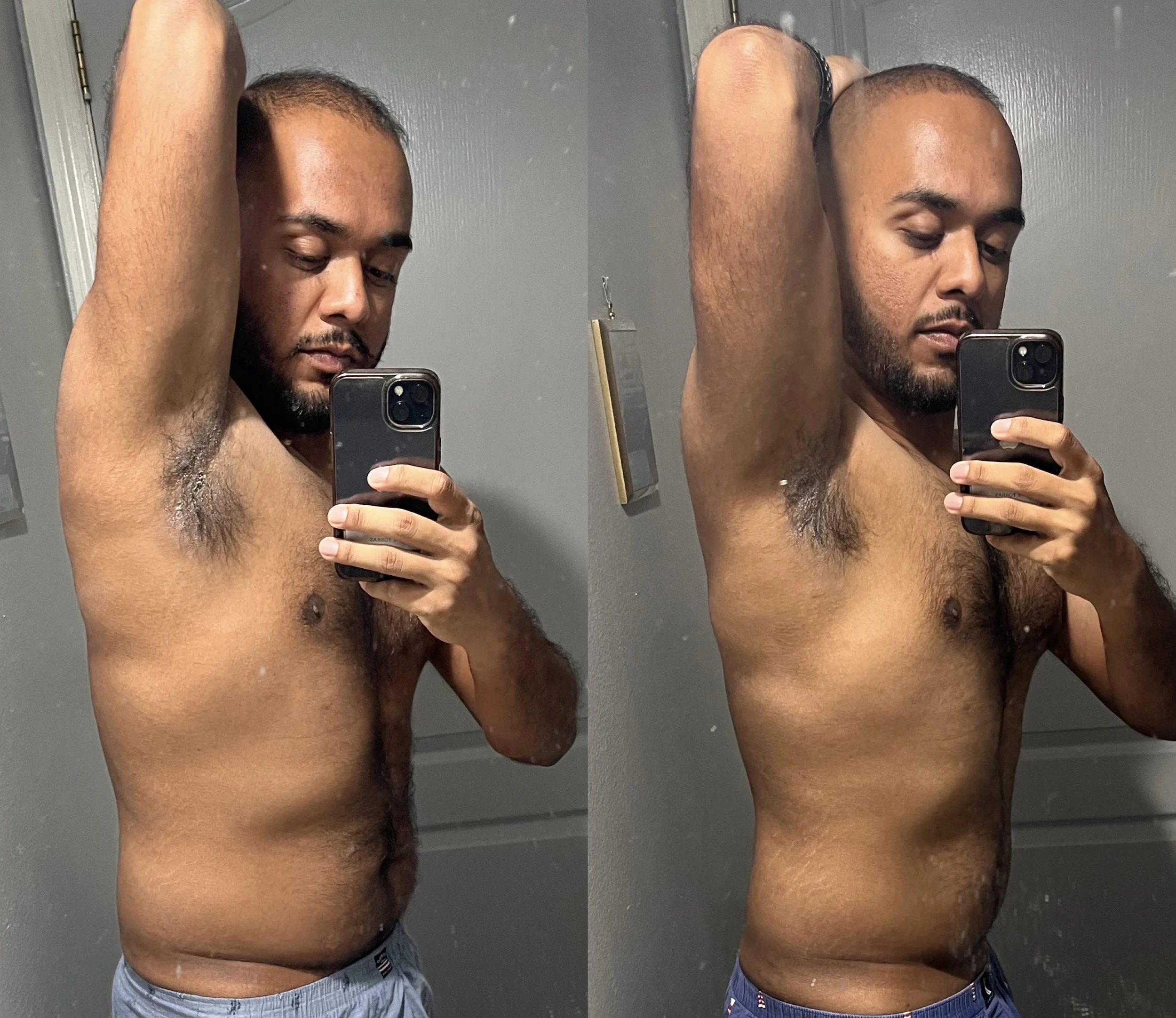 Side-by-side mirror selfies of a shirtless man with a beard, raising one arm above his head, taking photos with his smartphone in a gray room.