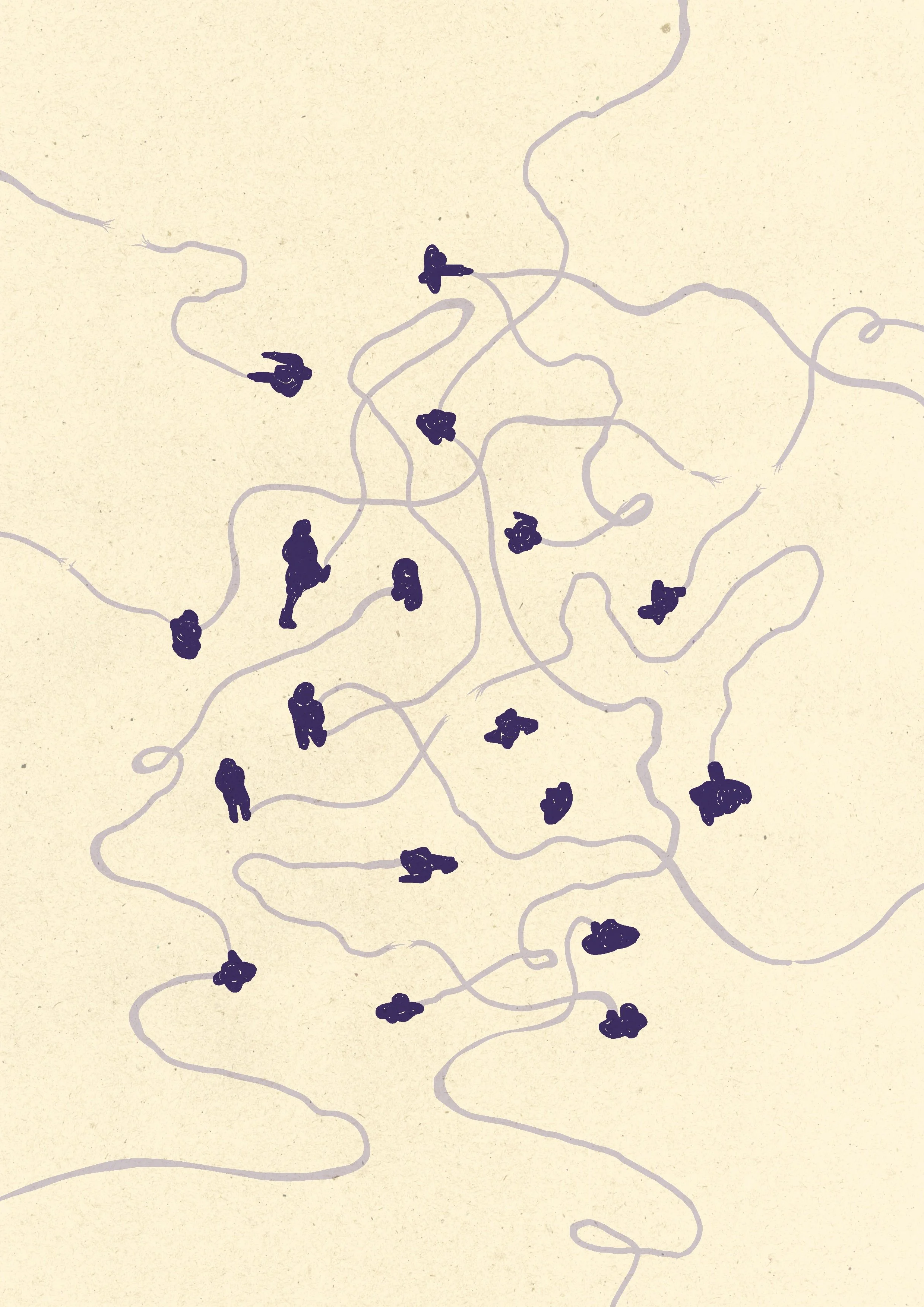 Abstract illustration with tangled lines and scattered small black cloud-like shapes on a beige background.