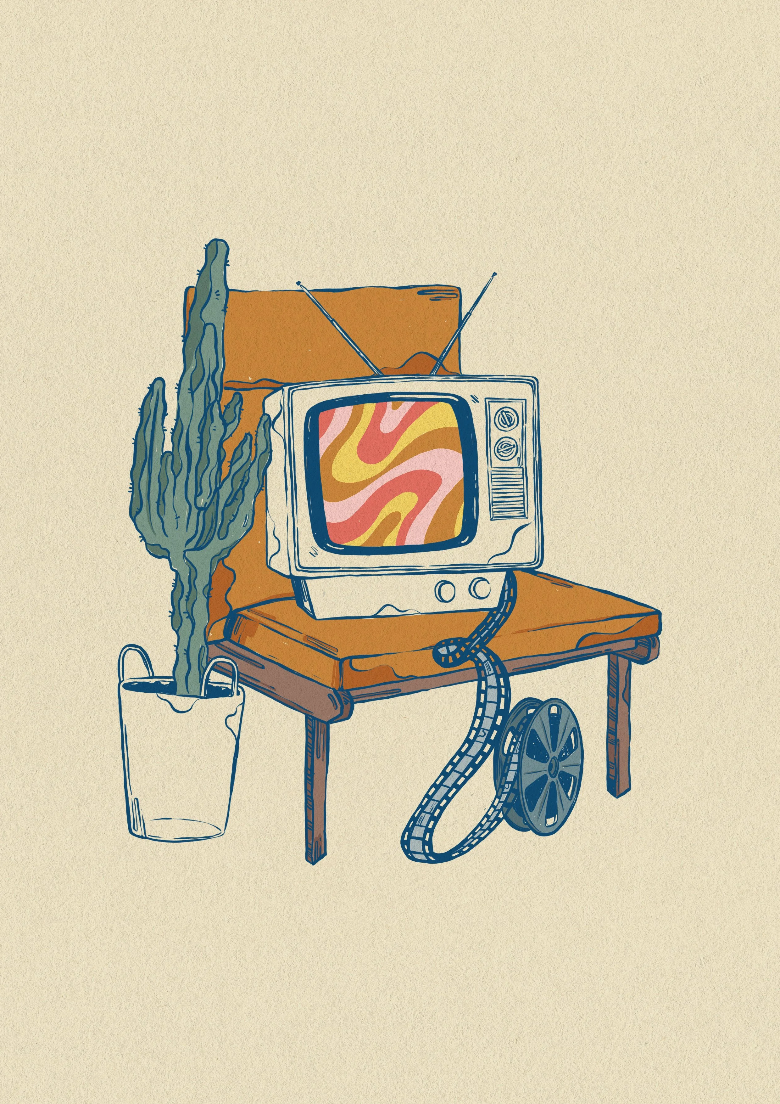 An illustrated scene with a vintage television on a wooden table, a potted cactus beside it, and a brown box in the background. The TV screen displays an abstract, colorful pattern.