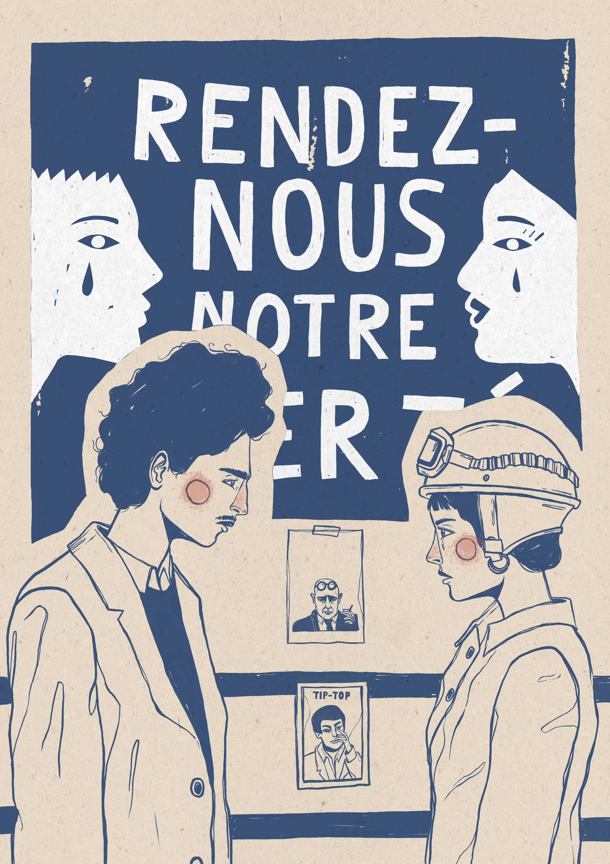 Illustration of two women facing each other with tears, a woman with curly hair looking down, and a woman wearing a helmet, with a sign in French that says 'Rendez-nous notre père' and photographs of people on the wall.