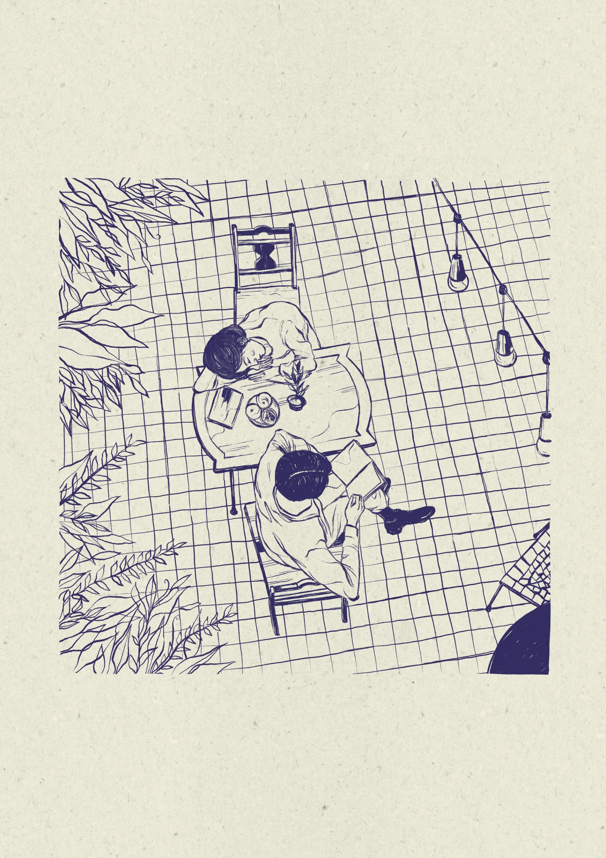 A top-down sketch of two people sitting at a table on an outdoor patio, with string lights overhead and plants in the corners.