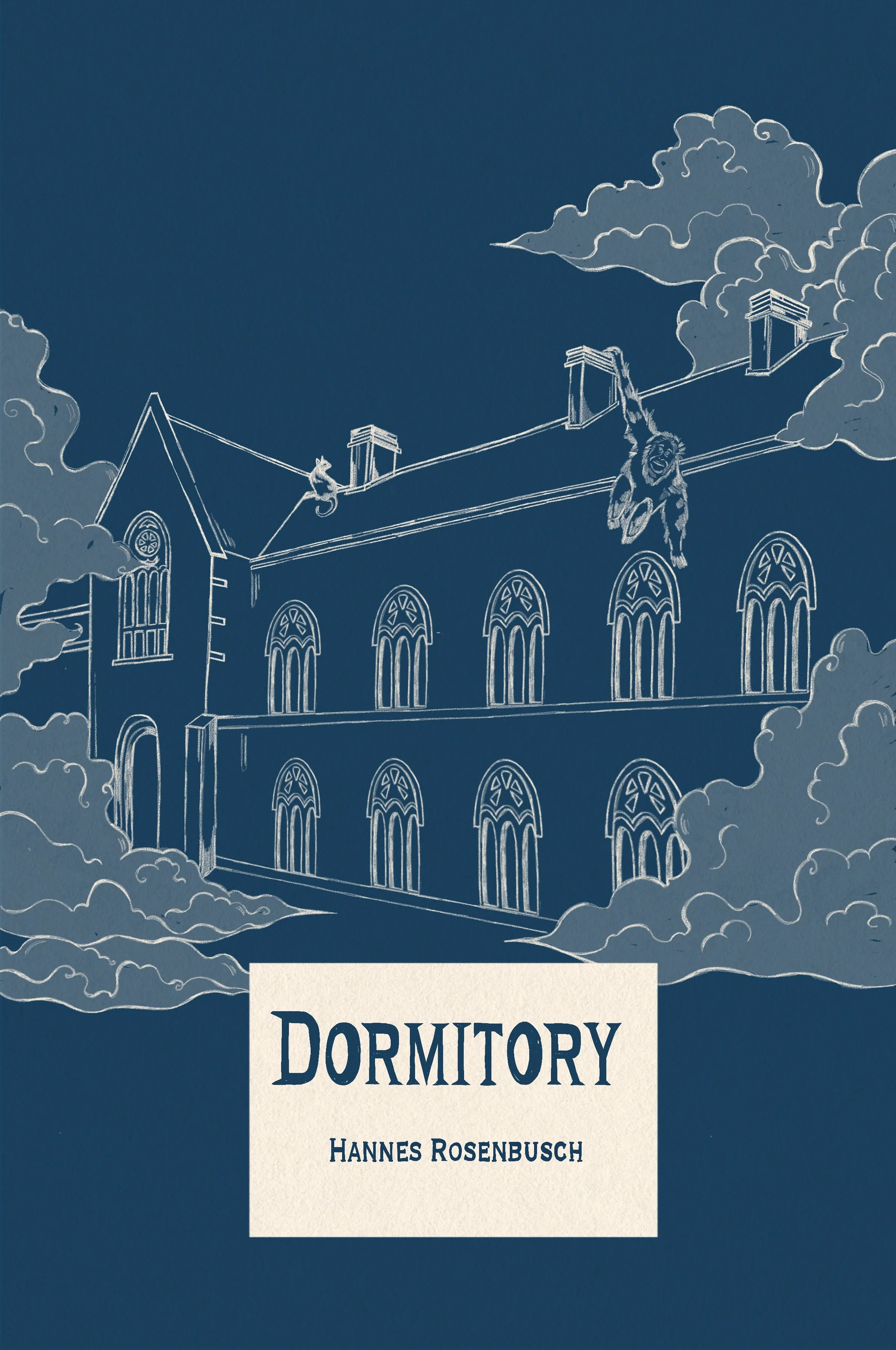 Book cover with a blue background and white outline of a large building resembling a church or cathedral, with cats and a dog hanging on the roof. The title 'DORMITORY' and author 'HANNES ROSENBUSCH' are displayed at the bottom.