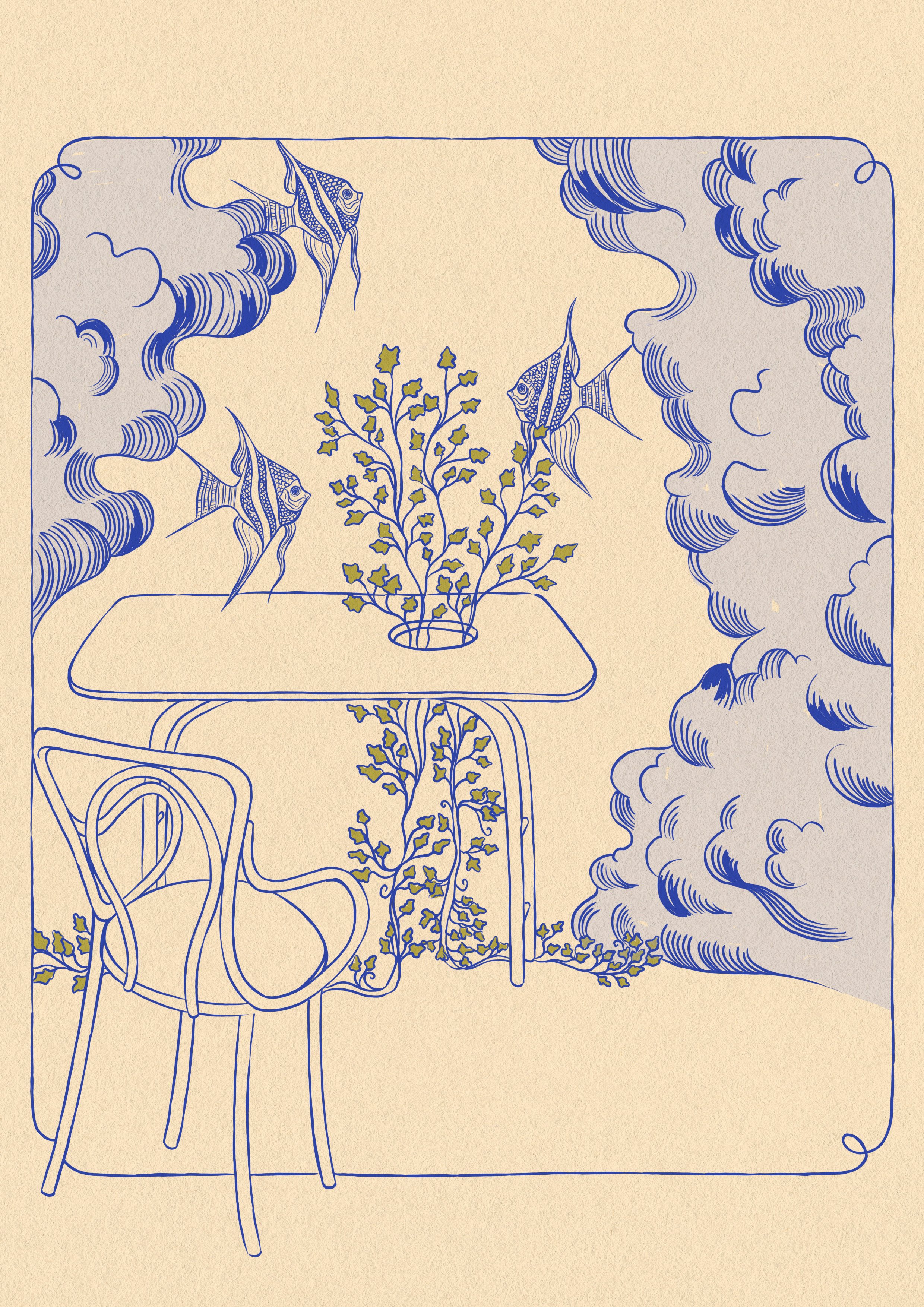 Line drawing of a table with a potted plant, surrounded by clouds and three fish swimming in the air.