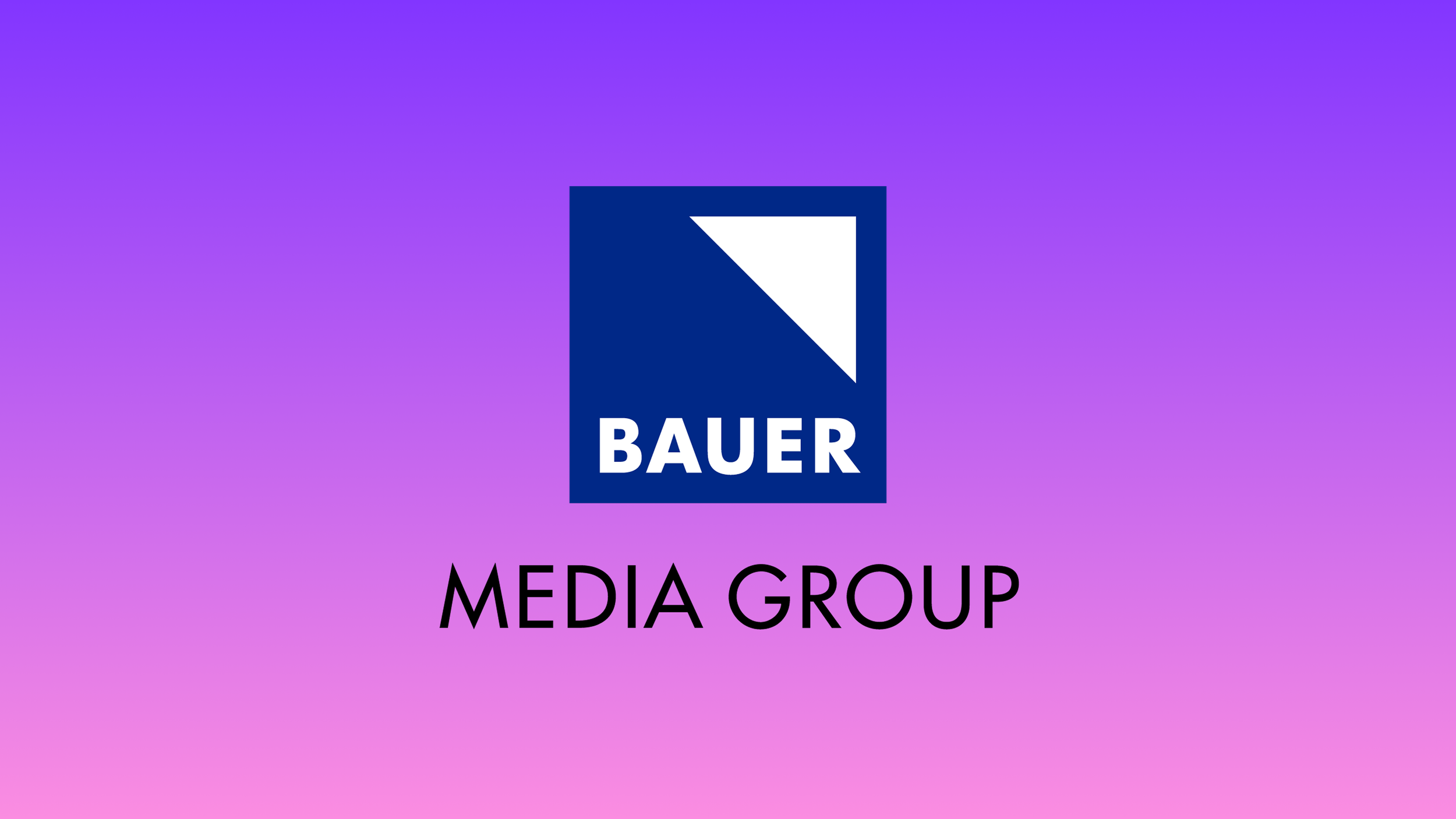 Bauer Media Group logo featuring a blue rectangle with a white triangle in the upper right corner, and the words 'BAUER' in white capital letters below, on a purple to pink gradient background.