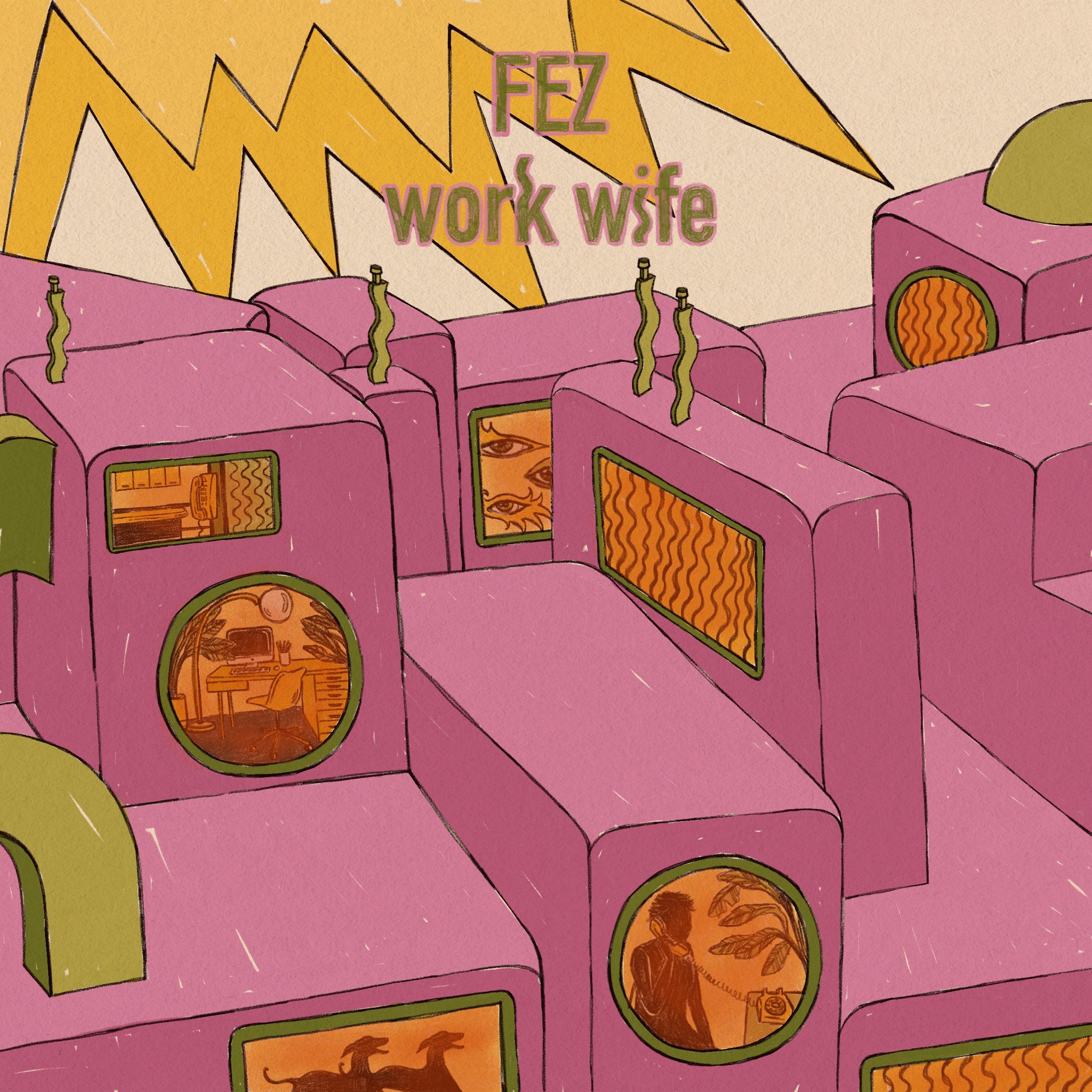 Illustration of pink walkie-talkies with orange screens featuring various abstract images, set against a background with orange zigzag shapes and the text 'FEZ work wise' in pink and green.
