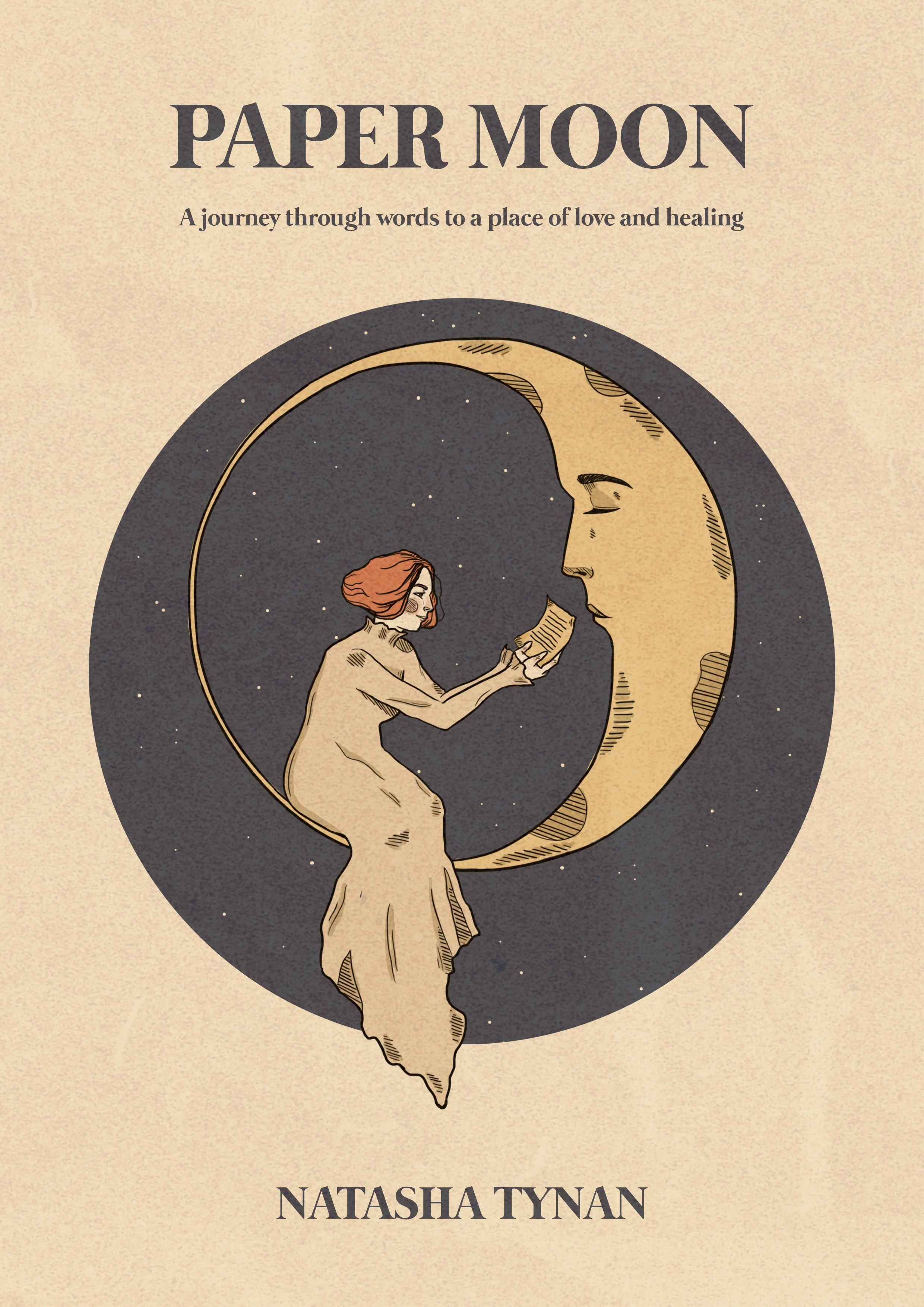Book cover for 'Paper Moon' by Natasha Tynan, depicting a woman reading a book while sitting on a crescent moon, with a large moon face in the background, set against a starry night sky.
