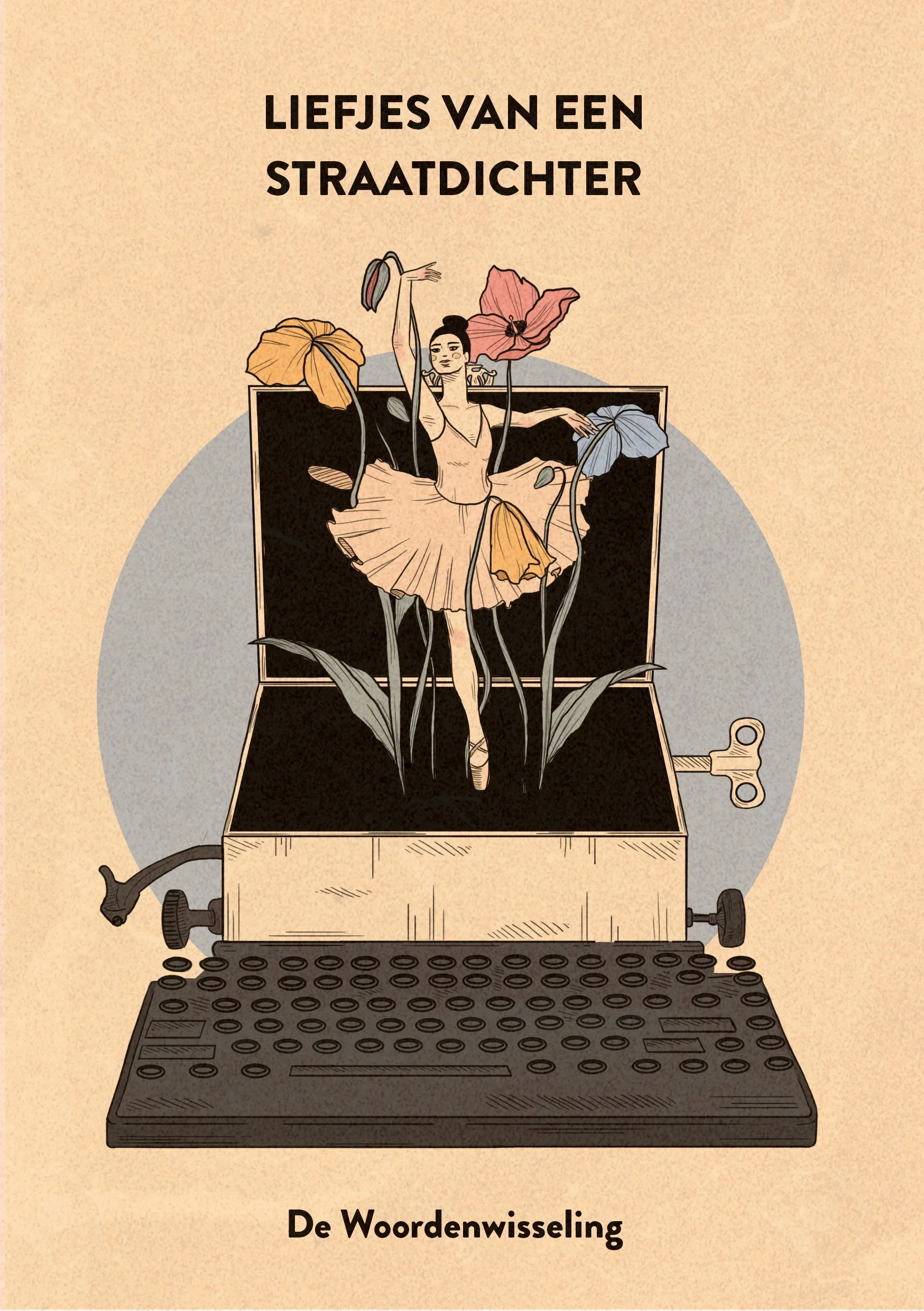 Book cover titled 'Liefjes van een straatdichter' with an illustration of a ballerina surrounded by large flowers in an open matchbox, with a typewriter keypad at the bottom, and the subtitle 'De Woordenwisseling' at the bottom.