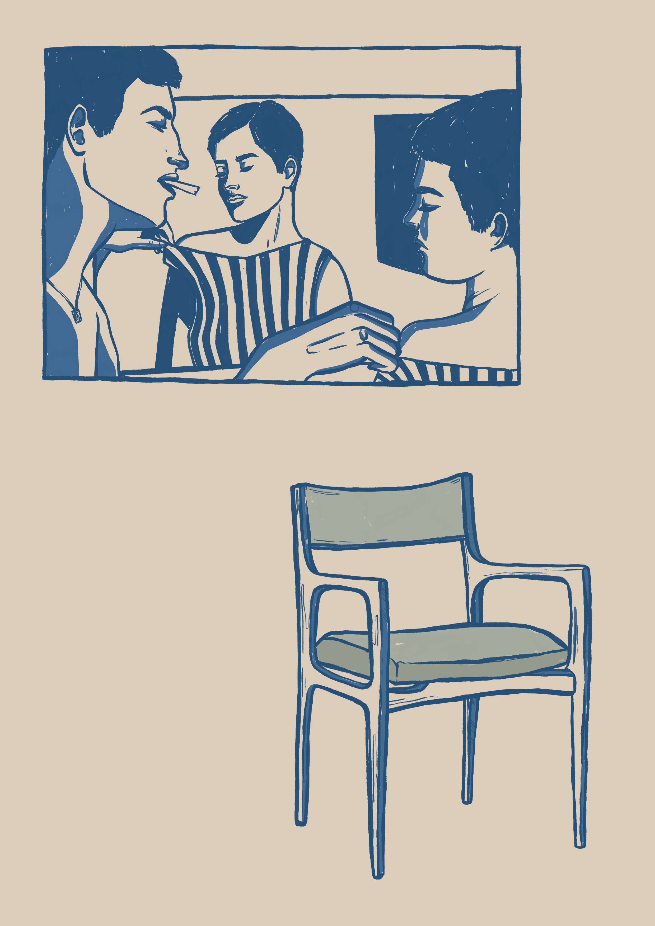 A drawing of two women taking a selfie and an empty chair below.