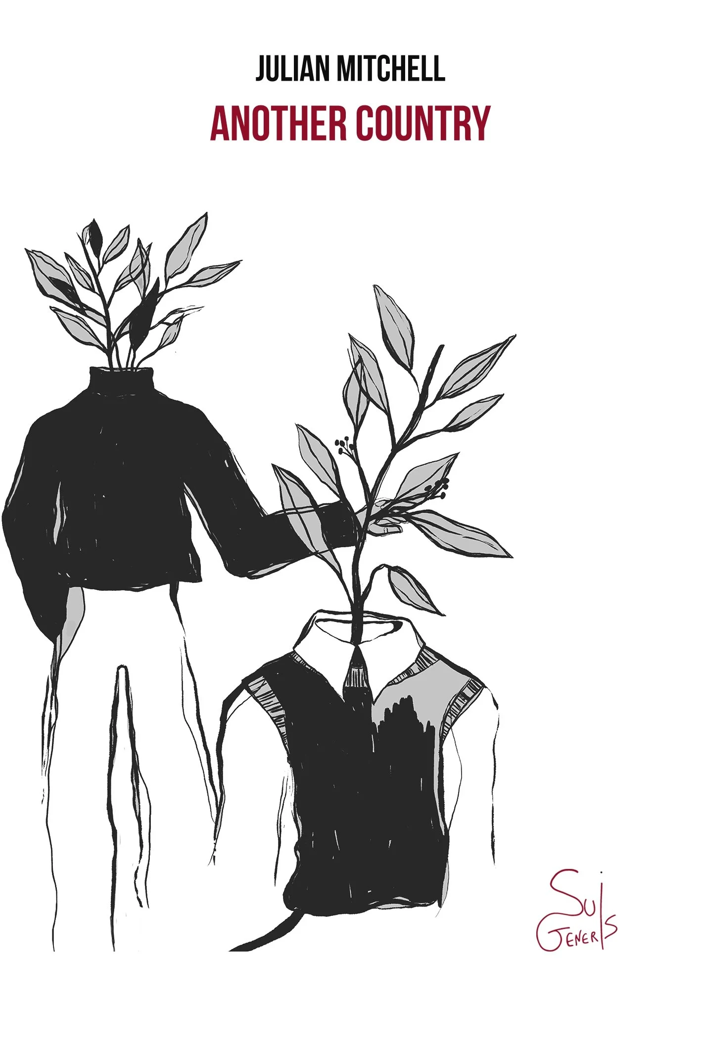 Book cover titled 'Another Country' by Julian Mitchell, featuring a black and white illustration of two figures with plants growing from their heads, one in the background and one in the foreground, with a signature or artist's mark at the bottom right.