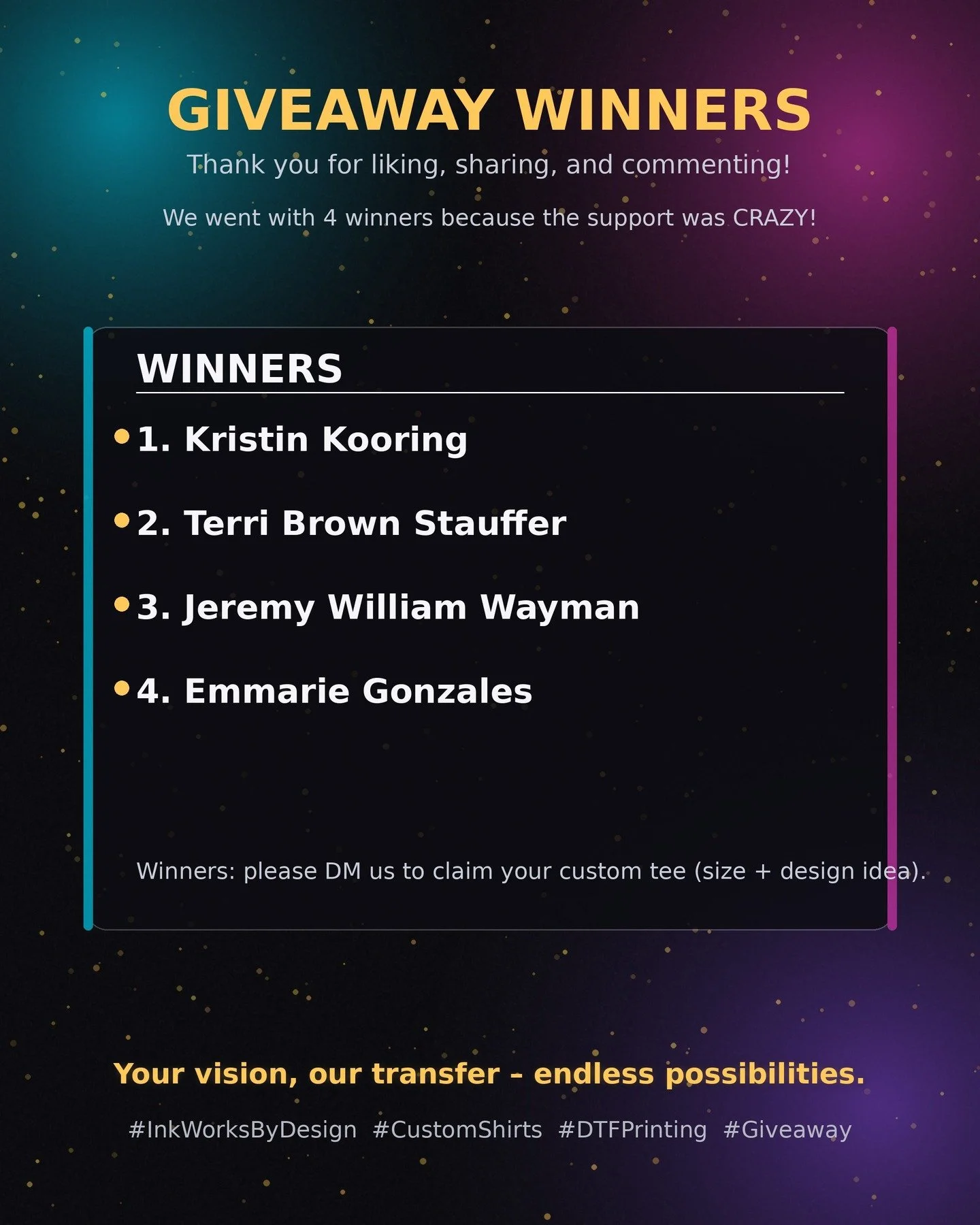 🎉 GIVEAWAY WINNERS 🎉

Thank you to everyone who liked, shared, and commented! The support was seriously amazing, so we decided to go with 4 winners instead of just 1 🙌🔥

🏆 Winners:

Kristin Kooring

Terri Brown Stauffer

Jeremy William Wayman 

