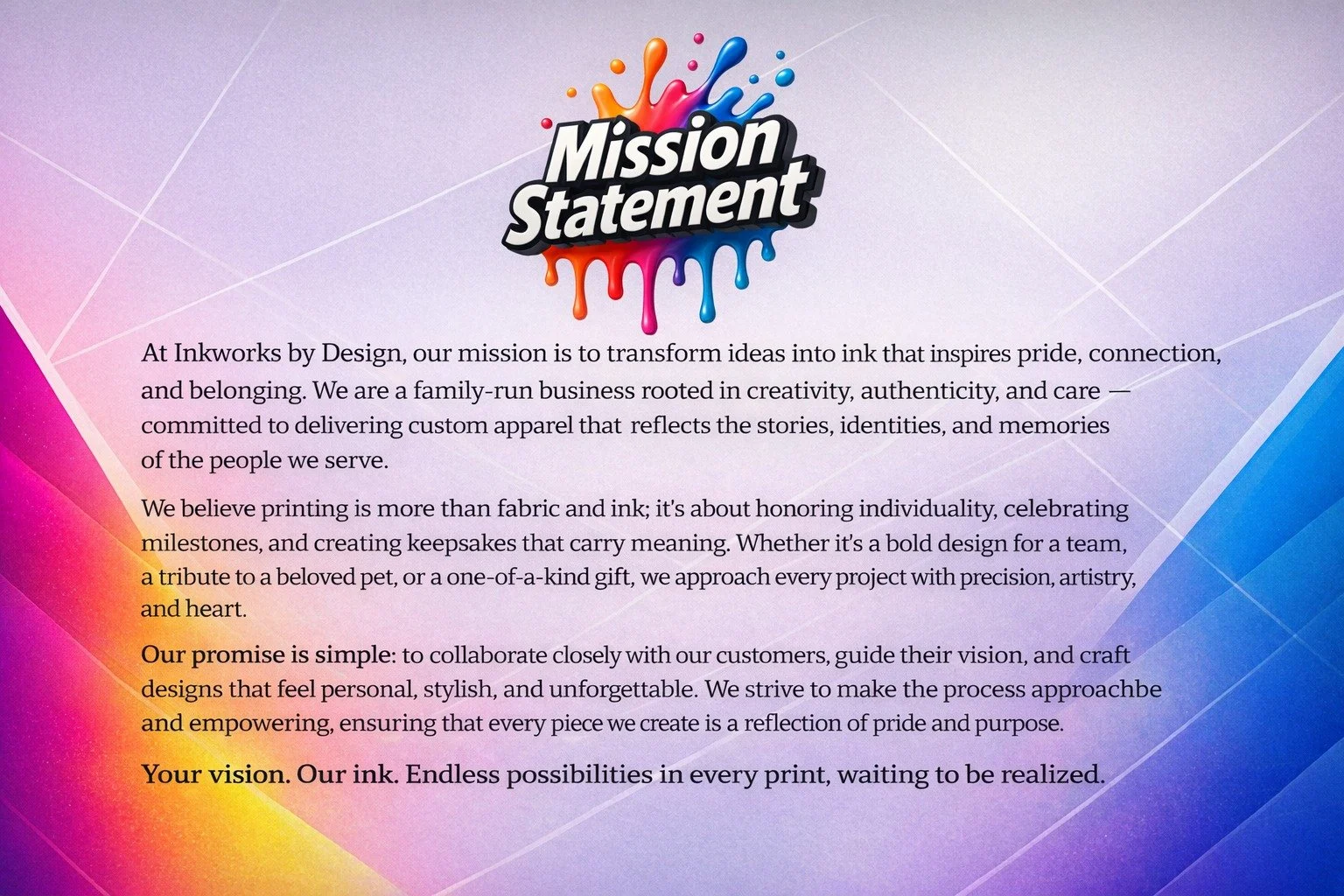 We started InkWorks by Design with one goal: turn people&rsquo;s ideas into something they&rsquo;re proud to wear. We&rsquo;re family-run, detail-obsessed, and we treat every order like it matters because it does. Whether it&rsquo;s for your brand, y