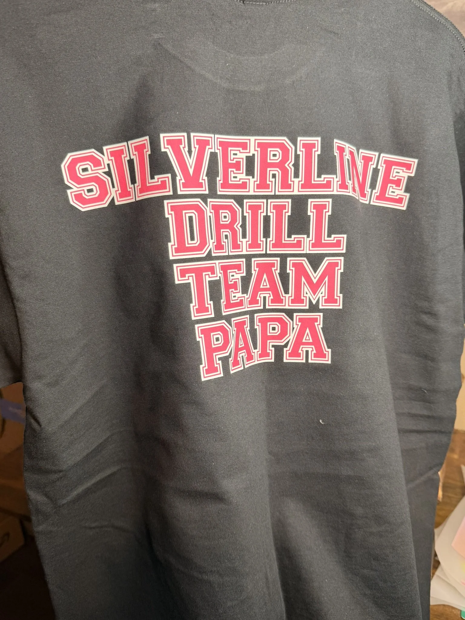 Gray T-shirt with pink and white text that reads 'Silverline Drill Team Papa'.