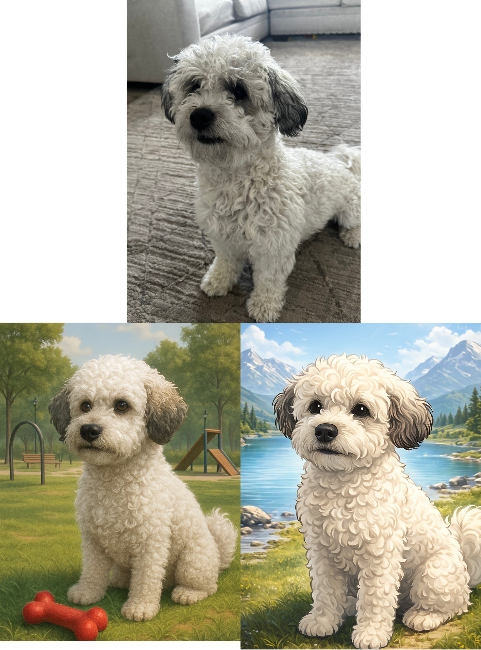 Three images of a small, curly-haired dog with fluffy white and gray fur. The first is a photo of the dog sitting on a carpet indoors, the second is a digital painting of the dog outdoors in a park with trees and a playground, and the third is a digital painting of the dog sitting near a river with mountains in the background.