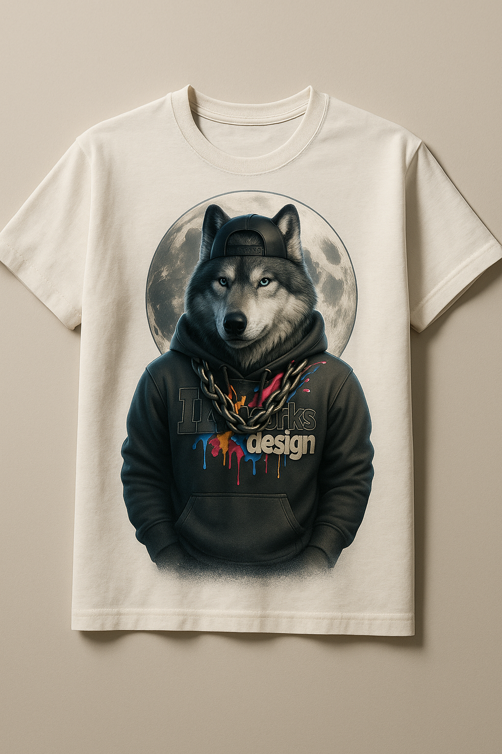 White t-shirt with a graphic of a wolf wearing a hoodie, chains, and a backwards cap, with a moon in the background.
