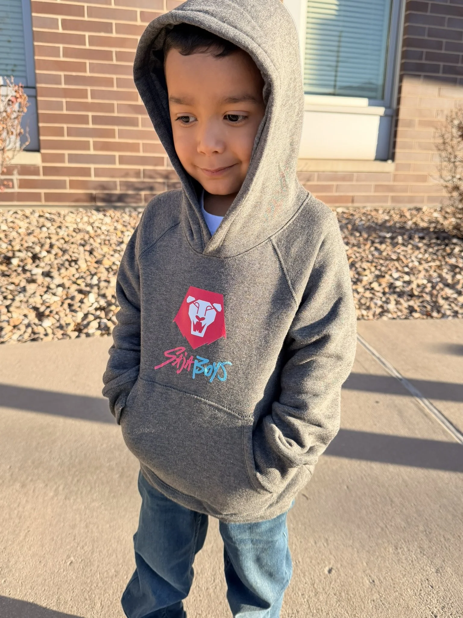 A young boy outdoors wearing a gray hoodie with a lion graphic and the words "Sisi Boys" in pink and blue, standing on a sidewalk in front of a brick building.