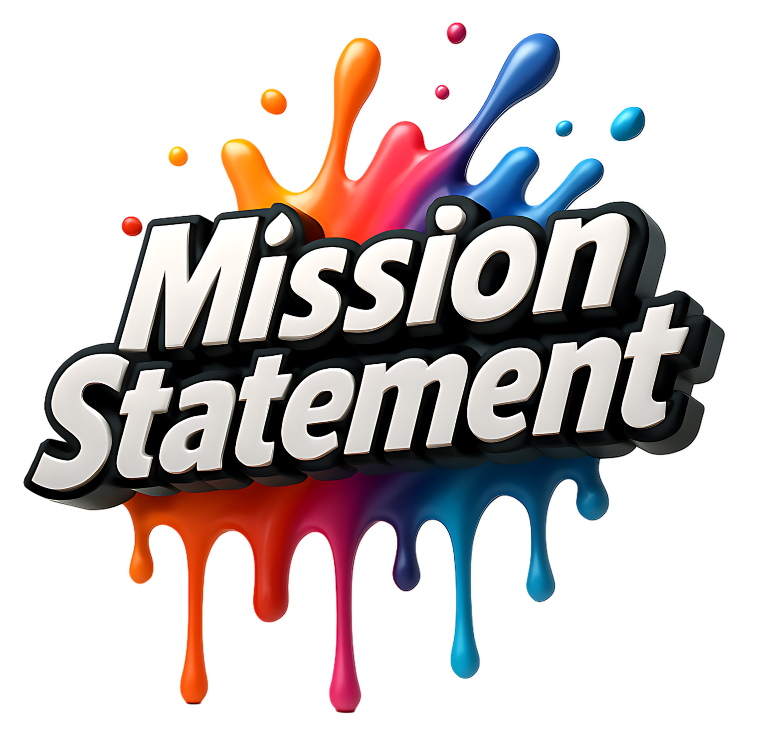 Bold white 3D text saying 'Mission statement' with colorful paint splashes in the background.
