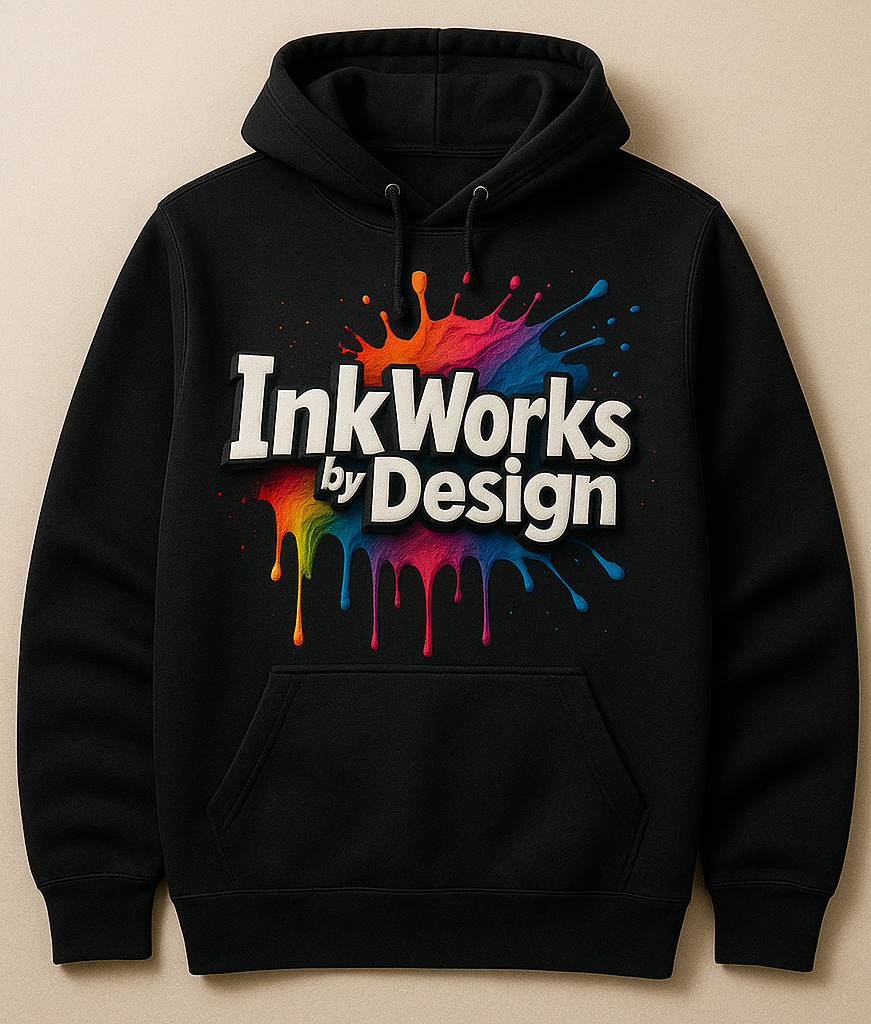 Black hoodie with logo 'InkWorks by Design' over a rainbow paint splatter background.
