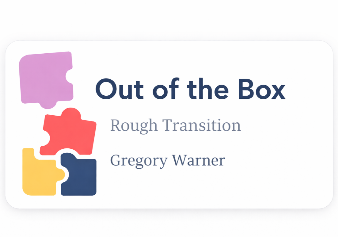 Book cover titled 'Out of the Box' by Gregory Warner, with colorful puzzle pieces on a white background.