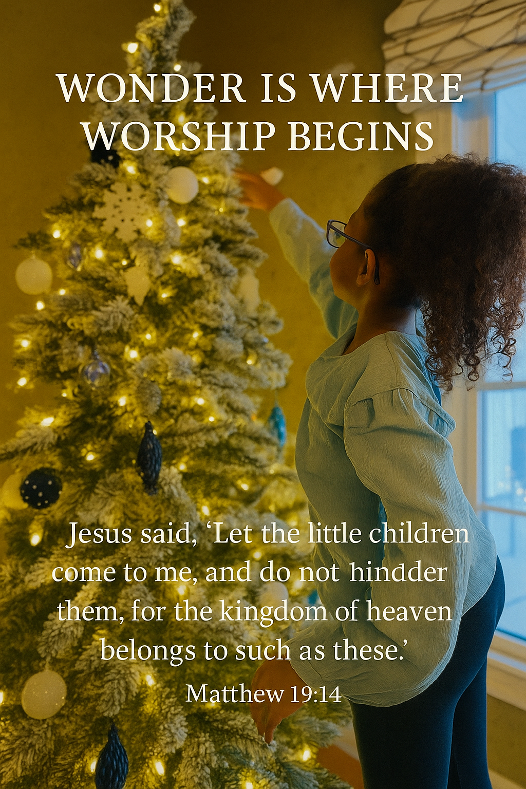 A young girl with curly hair and glasses decorating a Christmas tree with white and blue ornaments, illuminated with warm yellow lights, near a window with a white curtain.