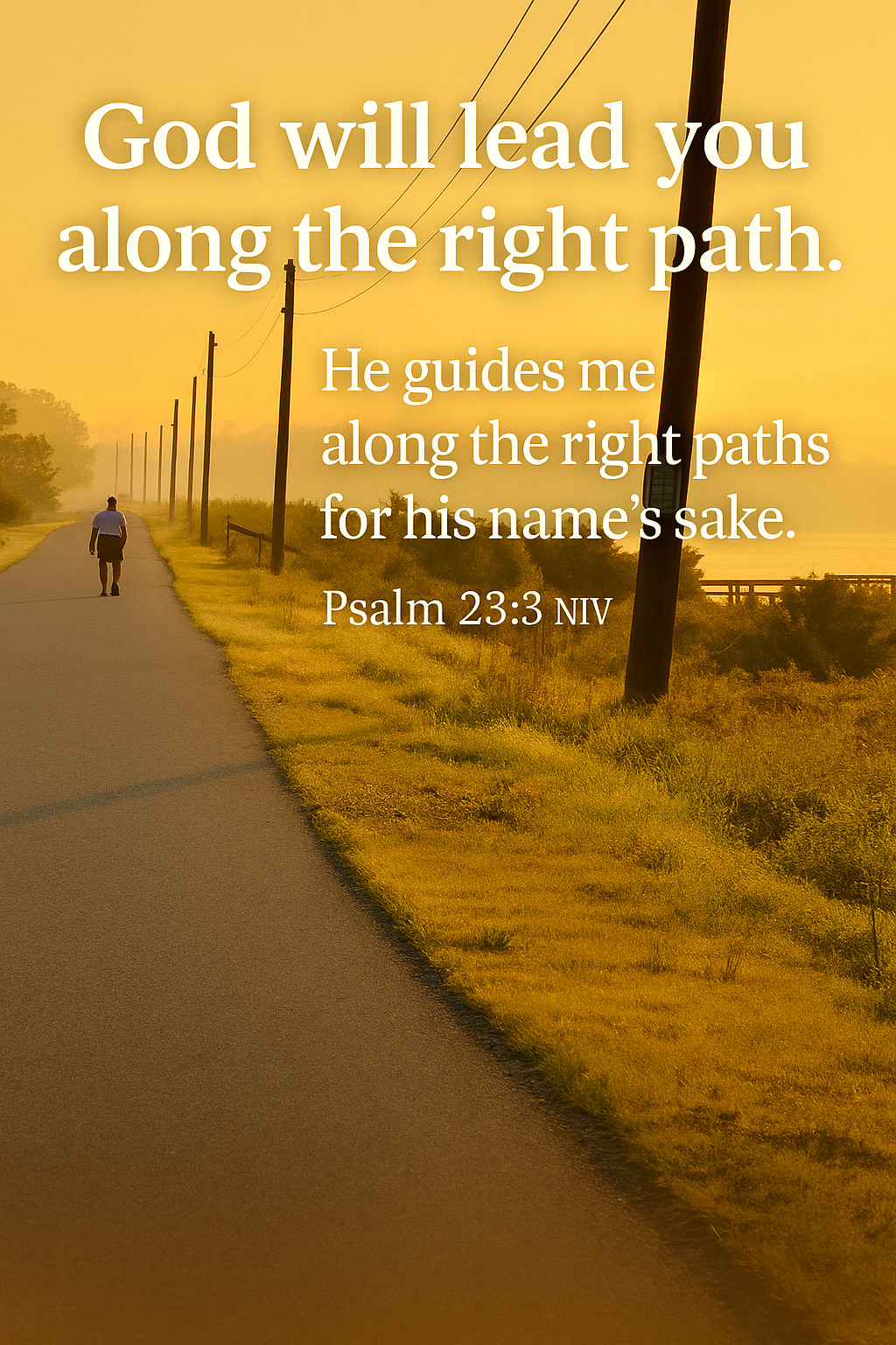 A person walking on a paved path during sunrise or sunset, with fields and trees on either side, and power lines running along the path. The image features a Bible verse from Psalm 23:3 NIV overlaid.