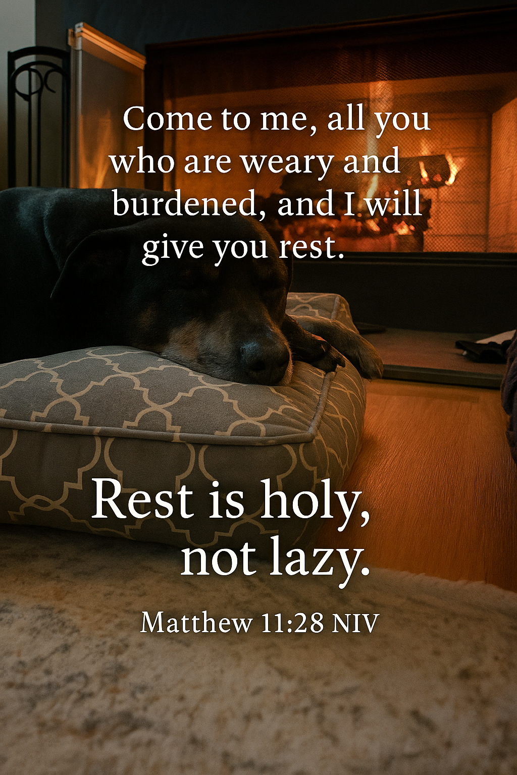 A black dog peacefully sleeping on a patterned dog bed near a lit fireplace with a quote overlay from Matthew 11:28 NIV about rest.