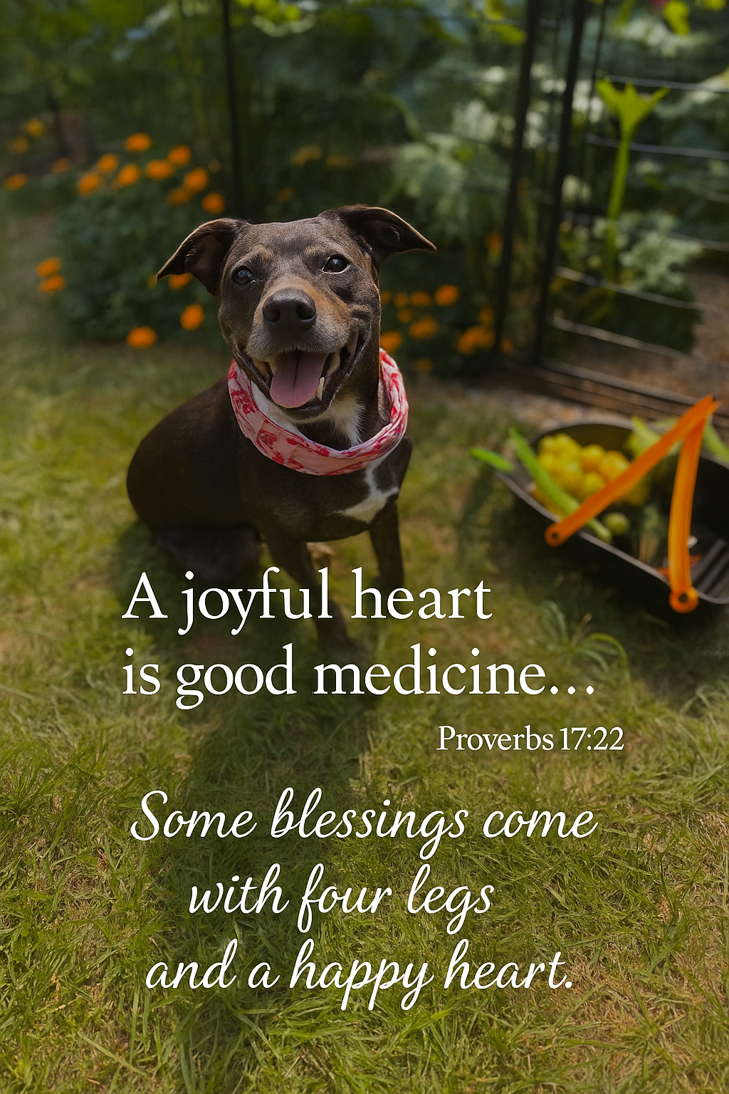 A smiling dog with a pink bandana sits on grass in a garden with orange flowers and greenery. There is a black container with yellow and orange vegetables nearby. Text overlays the image with a Bible quote from Proverbs 17:22 about a joyful heart and